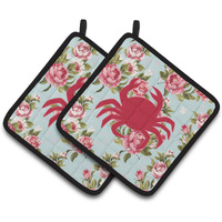 "Caroline's Treasures Crab Shabby Chic Blue Roses Pair of Pot Holders BB1024-RS-BU-PTHD, 7.5HX7.5W, Multicolor"