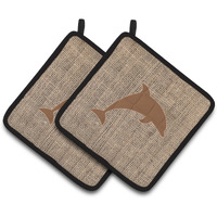 "Caroline's Treasures Dolphin Faux Burlap & Brown Pair of Pot Holders BB1025-BL-BN-PTHD, 7.5HX7.5W, Multicolor"