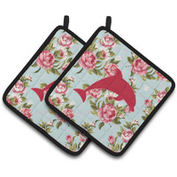 "Caroline's Treasures Dolphin Shabby Chic Blue Roses Pair of Pot Holders BB1025-RS-BU-PTHD, 7.5HX7.5W, Multicolor"
