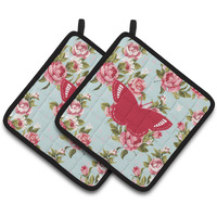 "Caroline's Treasures Butterfly Shabby Chic Blue Roses Pair of Pot Holders BB1029-RS-BU-PTHD, 7.5HX7.5W, Multicolor"