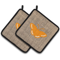 "Caroline's Treasures Butterfly Faux Burlap & Orange Pair of Pot Holders BB1031-BL-OR-PTHD, 7.5HX7.5W, Multicolor"