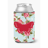 Butterfly Shabby Chic Blue Roses Can or Bottle Beverage Insulator Hugger BB1033