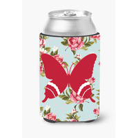 Butterfly Shabby Chic Blue Roses Can or Bottle Beverage Insulator Hugger BB1034