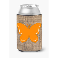 Butterfly Burlap and Orange Can or Bottle Beverage Insulator Hugger BB1035