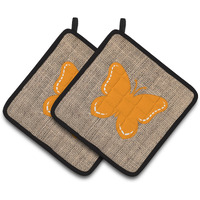 "Caroline's Treasures Butterfly Faux Burlap & Orange Pair of Pot Holders BB1035-BL-OR-PTHD, 7.5HX7.5W, Multicolor"