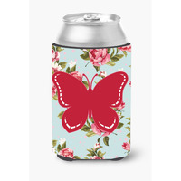 Butterfly Shabby Chic Blue Roses Can or Bottle Beverage Insulator Hugger BB1035
