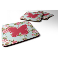 "Caroline's Treasures BB1035-RS-BU-FC Butterfly Shabby Chic Blue Roses Foam Coasters (Set of 4), 3.5"" H x 3.5"" W, Multicolor"