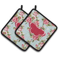 "Caroline's Treasures Butterfly Shabby Chic Blue Roses Pair of Pot Holders BB1039-RS-BU-PTHD, 7.5HX7.5W, Multicolor"