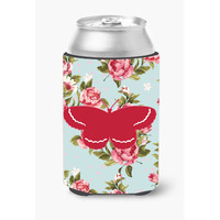 Butterfly Shabby Chic Blue Roses Can or Bottle Beverage Insulator Hugger BB1040