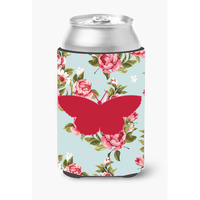 Butterfly Shabby Chic Blue Roses Can or Bottle Beverage Insulator Hugger BB1041