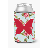 Butterfly Shabby Chic Blue Roses Can or Bottle Beverage Insulator Hugger BB1046