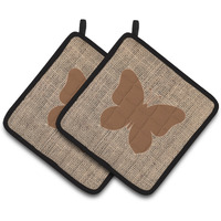 "Caroline's Treasures Butterfly Faux Burlap & Brown Pair of Pot Holders BB1047-BL-BN-PTHD, 7.5HX7.5W, Multicolor"