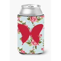 Butterfly Shabby Chic Blue Roses Can or Bottle Beverage Insulator Hugger BB1048