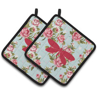 "Caroline's Treasures Moth Shabby Chic Blue Roses Pair of Pot Holders BB1055-RS-BU-PTHD, 7.5HX7.5W, Multicolor"
