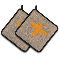 "Caroline's Treasures Bee Faux Burlap & Orange Pair of Pot Holders BB1057-BL-OR-PTHD, 7.5HX7.5W, Multicolor"