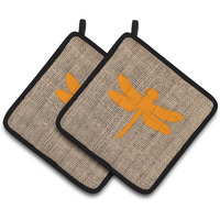 "Caroline's Treasures Dragonfly Faux Burlap & Orange Pair of Pot Holders BB1062-BL-OR-PTHD, 7.5HX7.5W, Multicolor"