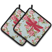 "Caroline's Treasures Dragonfly Shabby Chic Blue Roses Pair of Pot Holders BB1062-RS-BU-PTHD, 7.5HX7.5W, Multicolor"