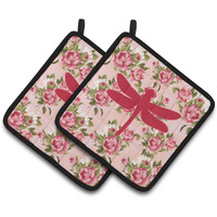 "Caroline's Treasures Dragonfly Shabby Chic Pink Roses Pair of Pot Holders BB1062-RS-PK-PTHD, 7.5HX7.5W, Multicolor"