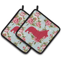 "Caroline's Treasures Corgi Shabby Chic Blue Roses Pair of Pot Holders BB1069-RS-BU-PTHD, 7.5HX7.5W, Multicolor"