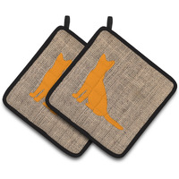 "Caroline's Treasures Cat Faux Burlap & Orange Pair of Pot Holders BB1071-BL-OR-PTHD, 7.5HX7.5W, Multicolor"