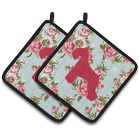 "Caroline's Treasures Schnauzer Shabby Chic Blue Roses Pair of Pot Holders BB1073-RS-BU-PTHD, 7.5HX7.5W, Multicolor"