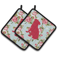 "Caroline's Treasures BB1084-RS-BU-PTHD Pug Shabby Chic Blue Roses Pot Holders (1 Pair), 7.5"" x 7.5"", Multicolor"