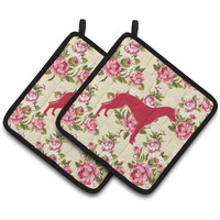 "Caroline's Treasures Greyhound Shabby Chic Yellow Roses Pair of Pot Holders BB1086-RS-YW-PTHD, 7.5HX7.5W, Multicolor"