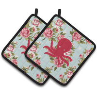 "Caroline's Treasures Octopus Shabby Chic Blue Roses Pair of Pot Holders BB1090-RS-BU-PTHD, 7.5HX7.5W, Multicolor"