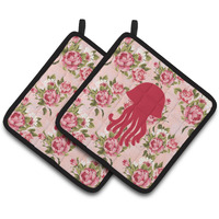 "Caroline's Treasures Jellyfish Shabby Chic Pink Roses Pair of Pot Holders BB1091-RS-PK-PTHD, 7.5HX7.5W, Multicolor"