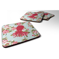 "Caroline's Treasures BB1098-RS-BU-FC Octopus Shabby Chic Blue Roses Foam Coasters (Set of 4), 3.5"" H x 3.5"" W, Multicolor"