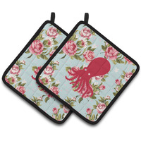 "Caroline's Treasures Octopus Shabby Chic Blue Roses Pair of Pot Holders BB1098-RS-BU-PTHD, 7.5HX7.5W, Multicolor"
