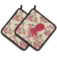 "Caroline's Treasures Octopus Shabby Chic Yellow Roses Pair of Pot Holders BB1098-RS-YW-PTHD, 7.5HX7.5W, Multicolor"