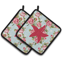 "Caroline's Treasures Starfish Shabby Chic Blue Roses Pair of Pot Holders BB1100-RS-BU-PTHD, 7.5HX7.5W, Multicolor"
