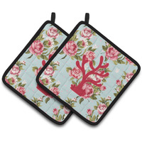 "Caroline's Treasures Coral Shabby Chic Blue Roses Pair of Pot Holders BB1101-RS-BU-PTHD, 7.5HX7.5W, Multicolor"