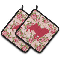 "Caroline's Treasures Pug Shabby Chic Pink Roses Pair of Pot Holders BB1112-RS-PK-PTHD, 7.5HX7.5W, Multicolor"