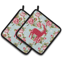 "Caroline's Treasures Deer Shabby Chic Blue Roses Pair of Pot Holders BB1121-RS-BU-PTHD, 7.5HX7.5W, Multicolor"