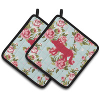 "Caroline's Treasures Wolf Shabby Chic Blue Roses Pair of Pot Holders BB1123-RS-BU-PTHD, 7.5HX7.5W, Multicolor"