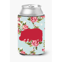 Hippopotamus Shabby Chic Blue Roses Can or Bottle Beverage Insulator Hugger BB1130