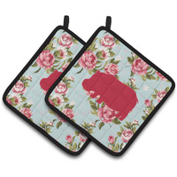 "Caroline's Treasures Hippopotamus Shabby Chic Blue Roses Pair of Pot Holders BB1130-RS-BU-PTHD, 7.5HX7.5W, Multicolor"