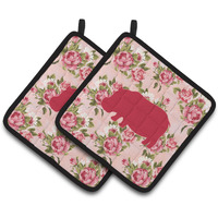 "Caroline's Treasures Hippopotamus Shabby Chic Pink Roses Pair of Pot Holders BB1130-RS-PK-PTHD, 7.5HX7.5W, Multicolor"