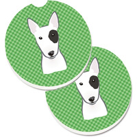 "Caroline's Treasures green Checkered Bull Terrier Set of 2 Cup Holder Car Coasters BB1132CARC, 2.56, Multicolor"