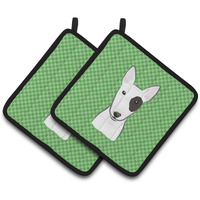 "Caroline's Treasures green Checkered Bull Terrier Pair of Pot Holders BB1132PTHD, 7.5HX7.5W, Multicolor"