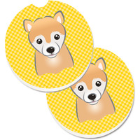 "Caroline's Treasures Yellow Checkered Shiba Inu Set of 2 Cup Holder Car Coasters BB1133CARC, 2.56, Multicolor"