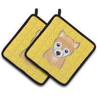 "Caroline's Treasures Yellow Checkered Shiba Inu Pair of Pot Holders BB1133PTHD, 7.5HX7.5W, Multicolor"