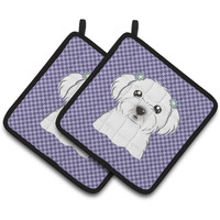 "Caroline's Treasures Purple Checkered Maltese Pair of Pot Holders BB1134PTHD, 7.5HX7.5W, Multicolor"