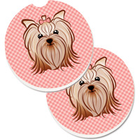 "Caroline's Treasures Pink Checkered Yorkie / Yorkshire Terrier Set of 2 Cup Holder Car Coasters BB1138CARC, 2.56, Multicolor"