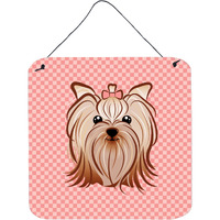 "Caroline's Treasures Pink Checkered Yorkie/Yorkshire Terrier Wall or Door Hanging Prints, 6 x 6"""