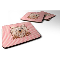 "Caroline's Treasures BB1138FC Pink Checkered Yorkie/Yorkshire Terrier Foam Coaster (Set of 4), 3.5"" H x 3.5"" W, Multicolor"