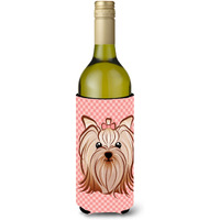 Pink Checkered Yorkie / Yorkshire Terrier Wine Bottle Beverage Insulator Hugger BB1138LITERK