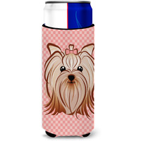 Pink Checkered Yorkie / Yorkshire Terrier Ultra Beverage Insulators for slim cans BB1138MUK